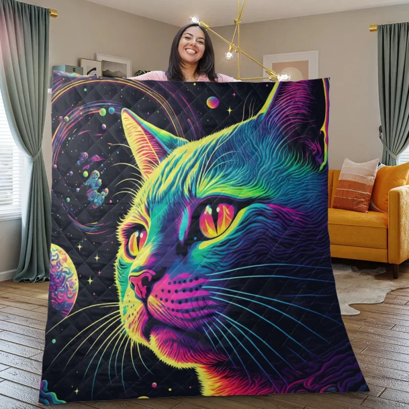 Colorful Cat with Cat It Title Quilt Blanket