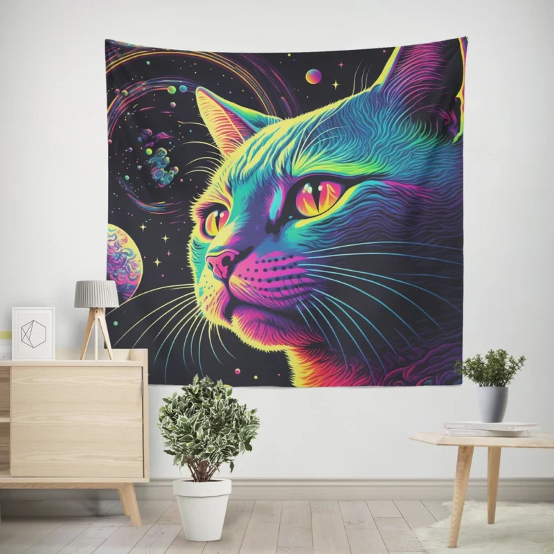 Colorful Cat with Cat It Title Wall Tapestry