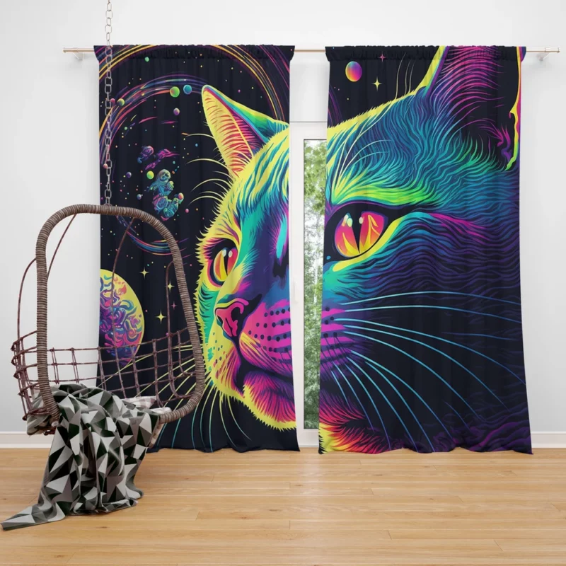 Colorful Cat with Cat It Title Window Curtain