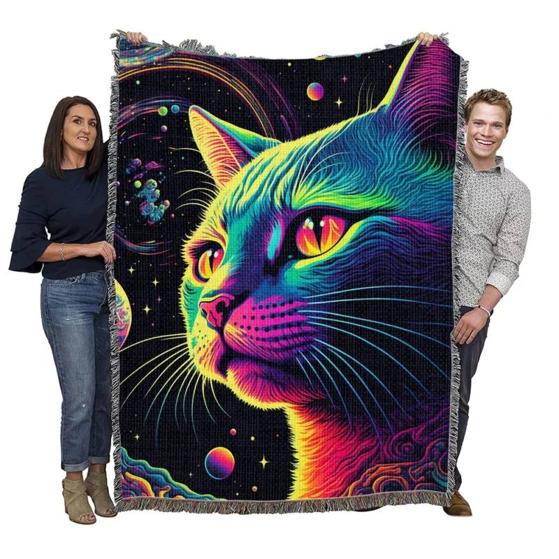 Colorful Cat with Cat It Title Woven Blanket