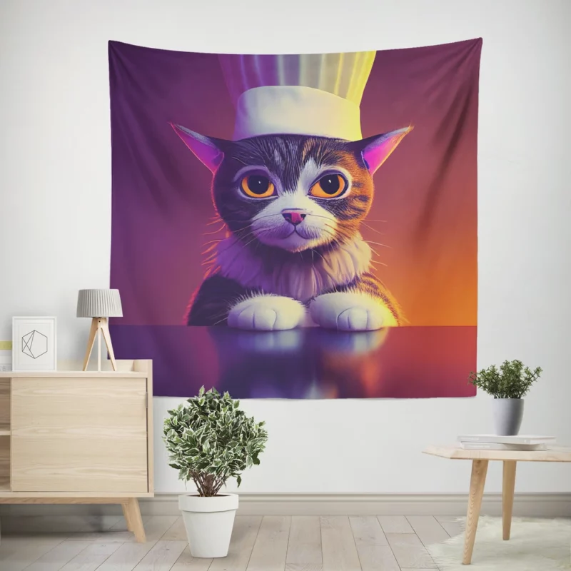 Colorful Chef Cat in the Kitchen Wall Tapestry