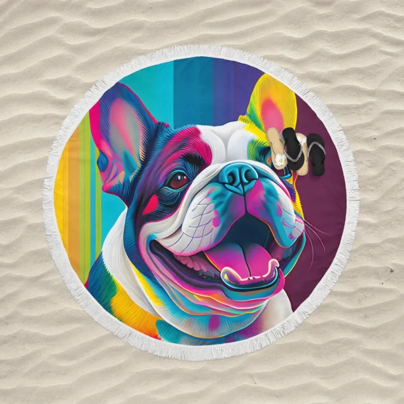 Colorful Dog Painting with Tongue Round Beach Towel