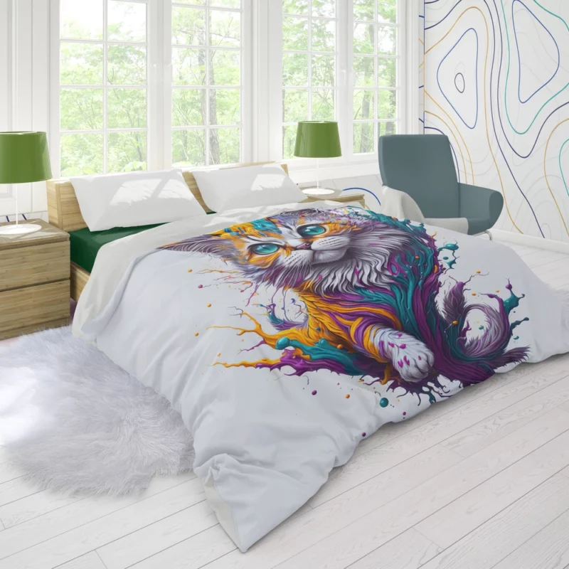 Colorful Painted Cat with Blue Eyes Duvet Cover