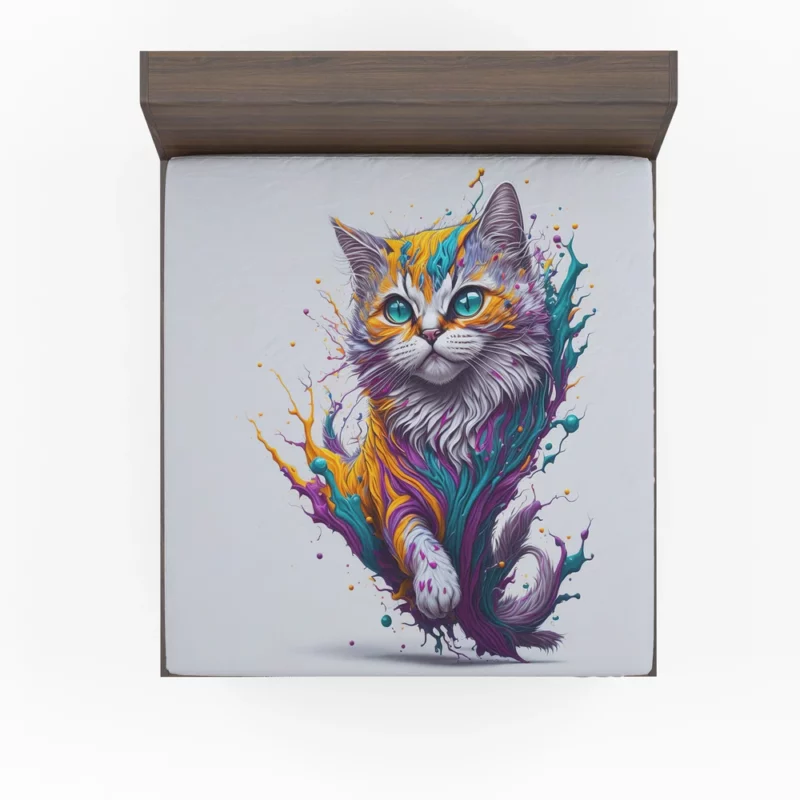 Colorful Painted Cat with Blue Eyes Fitted Sheet