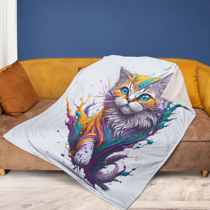 Colorful Painted Cat with Blue Eyes Fleece Blanket 1