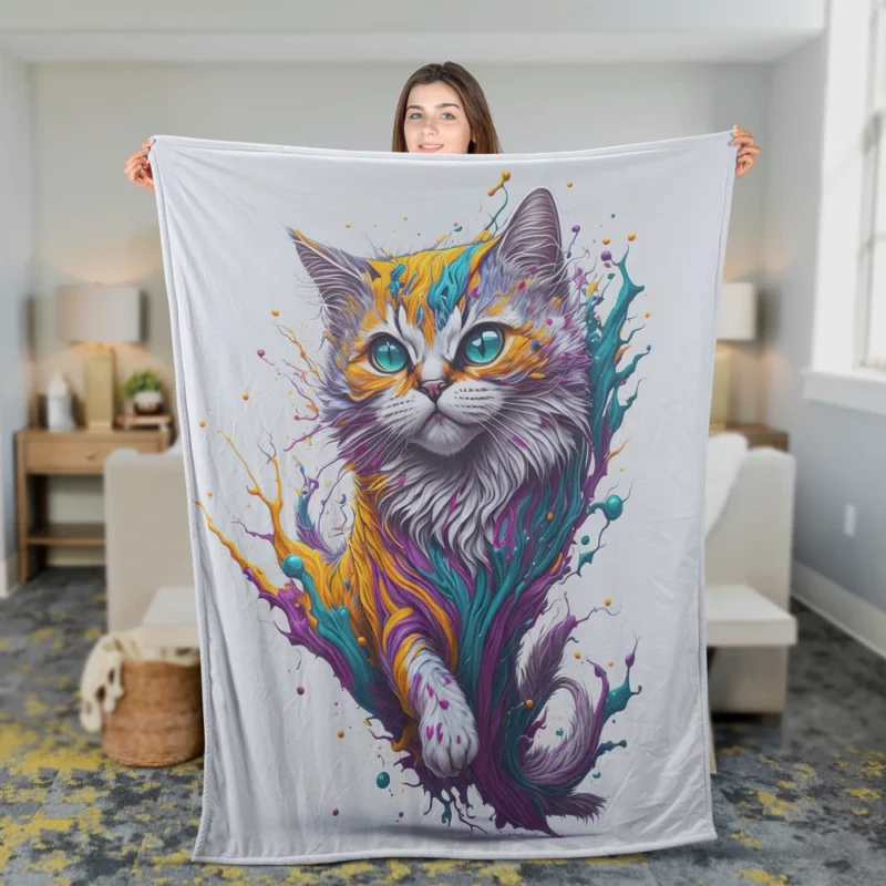 Colorful Painted Cat with Blue Eyes Fleece Blanket 2