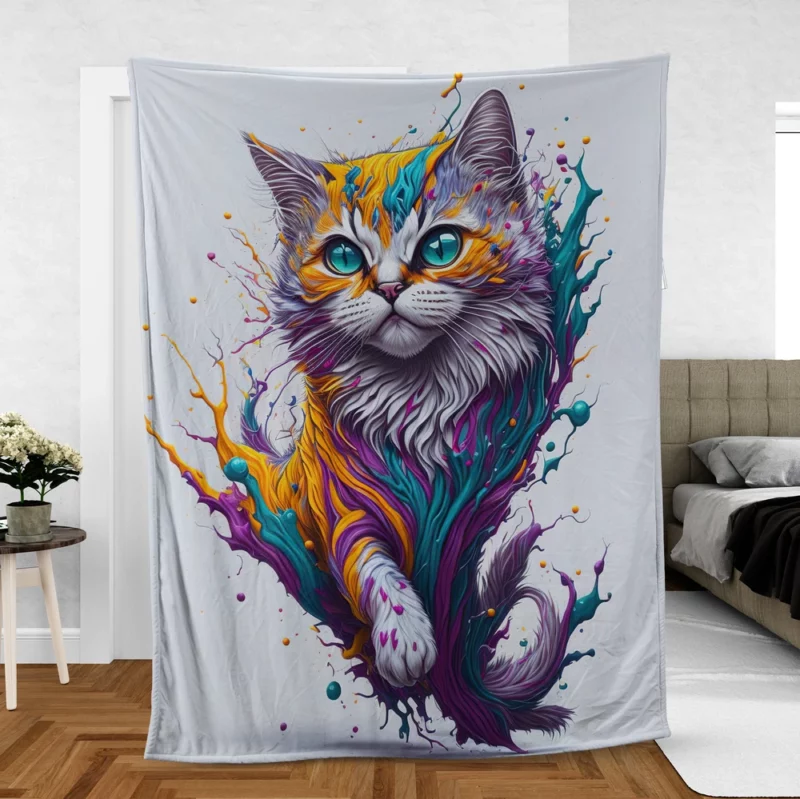 Colorful Painted Cat with Blue Eyes Fleece Blanket