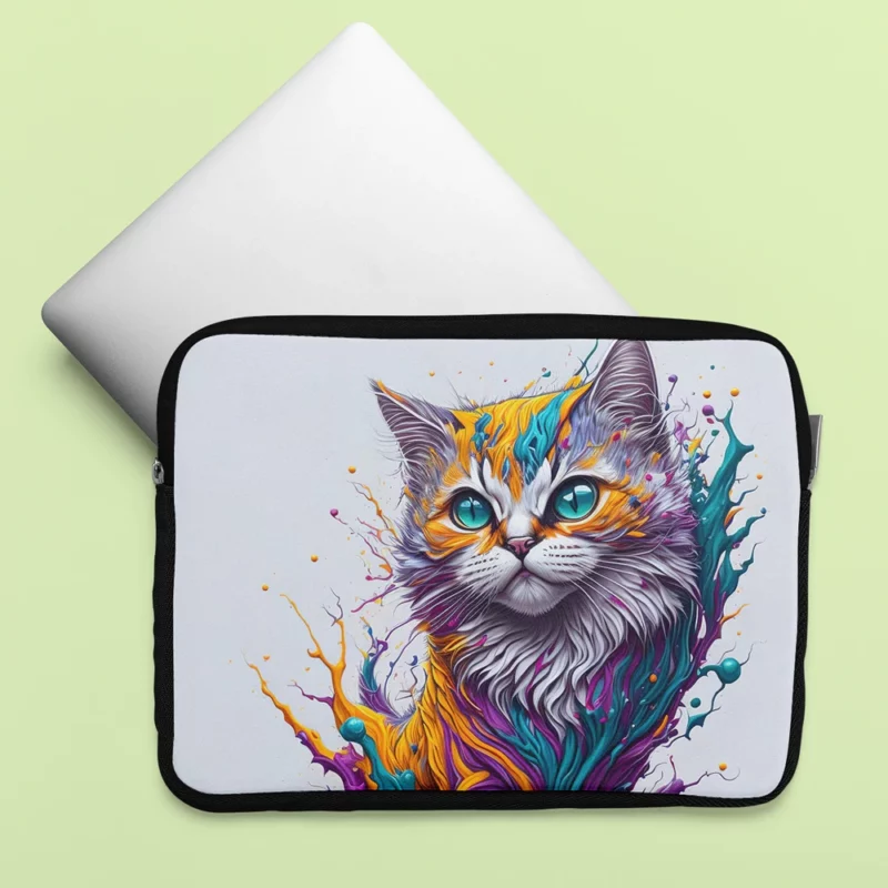 Colorful Painted Cat with Blue Eyes Laptop Sleeve