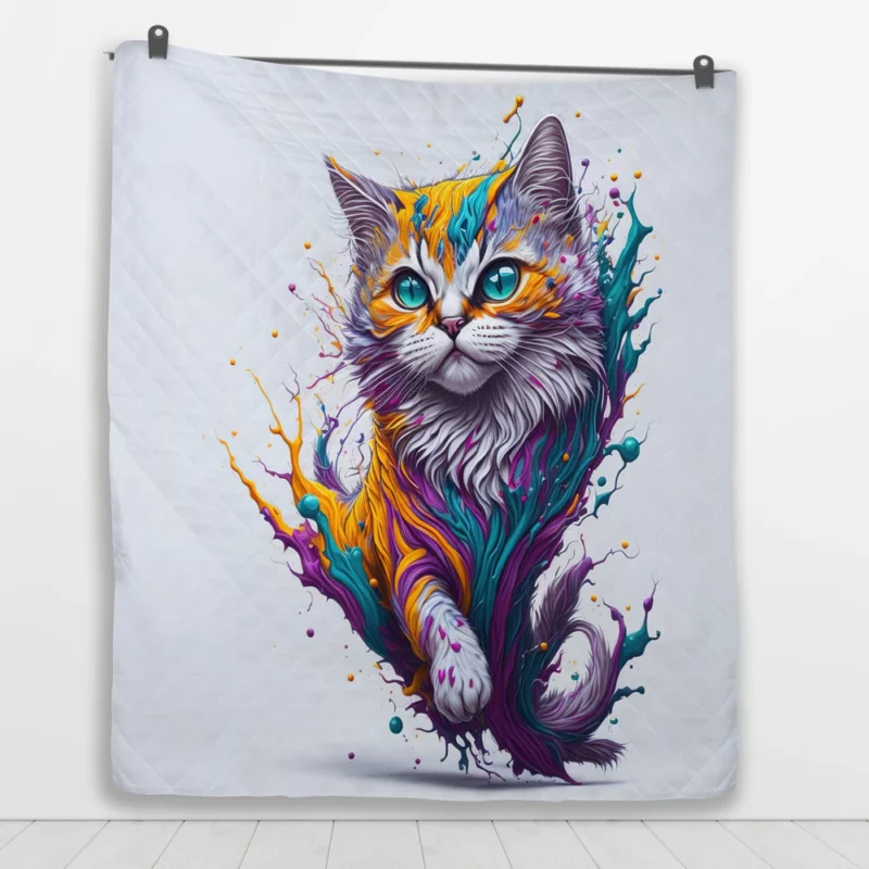 Colorful Painted Cat with Blue Eyes Quilt Blanket 1