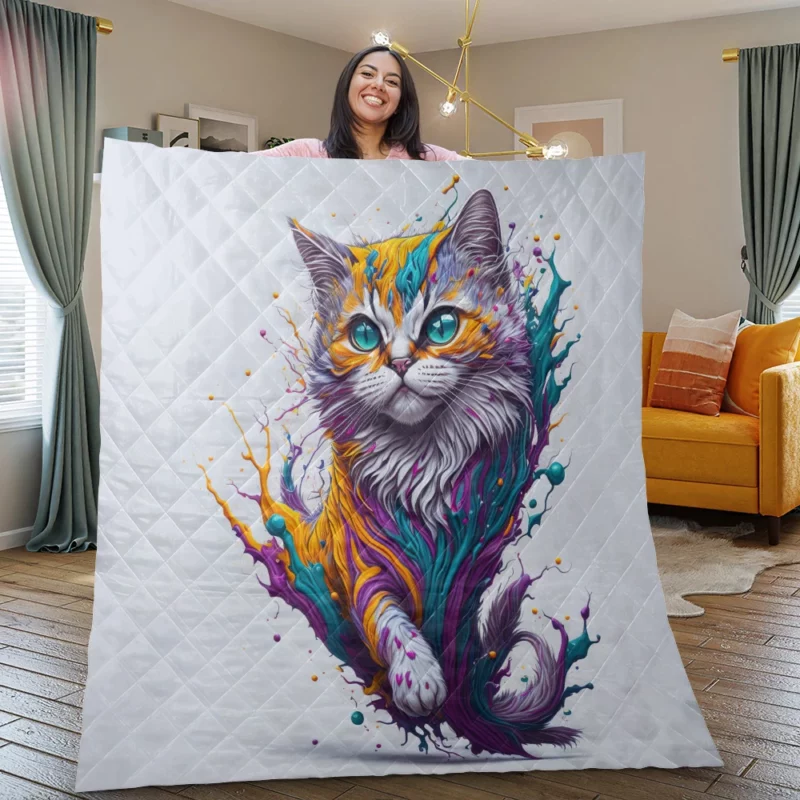 Colorful Painted Cat with Blue Eyes Quilt Blanket