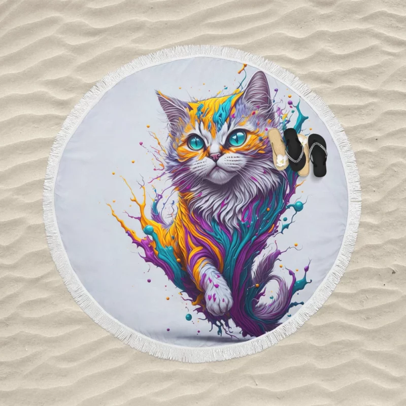 Colorful Painted Cat with Blue Eyes Round Beach Towel