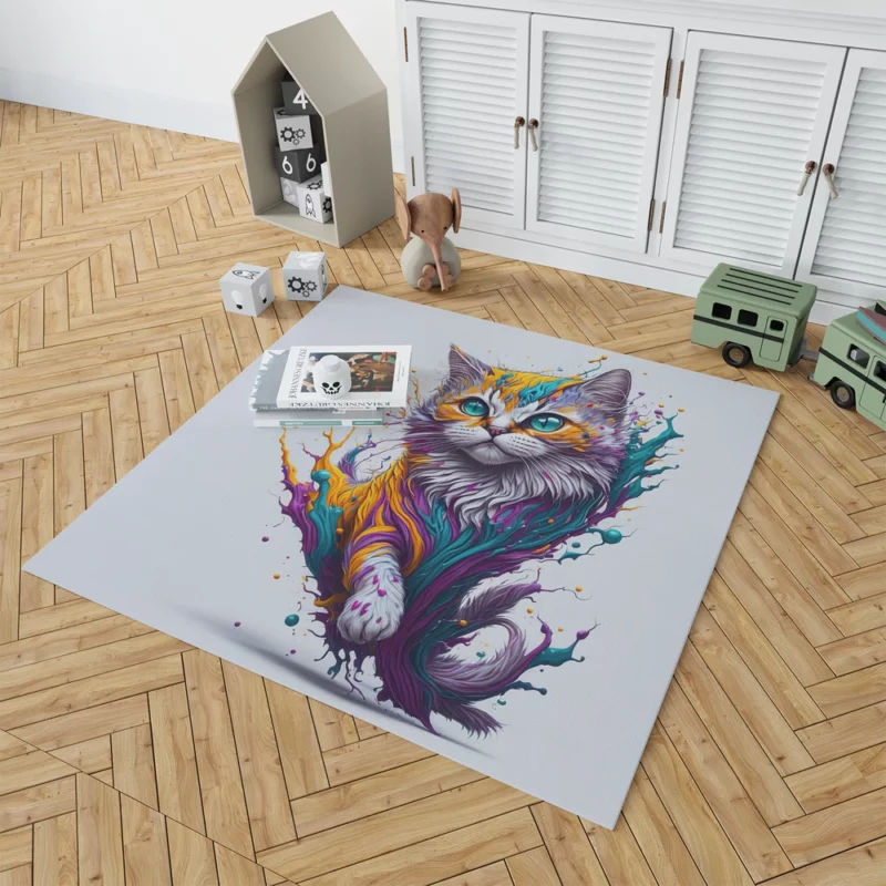 Colorful Painted Cat with Blue Eyes Rug 1