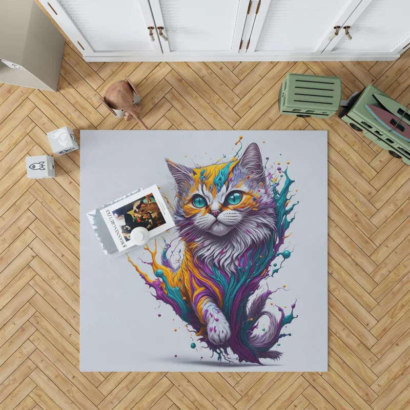 Colorful Painted Cat with Blue Eyes Rug