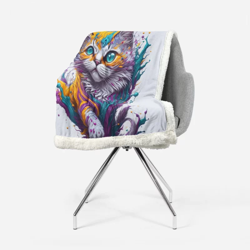 Colorful Painted Cat with Blue Eyes Sherpa Fleece Blanket 1