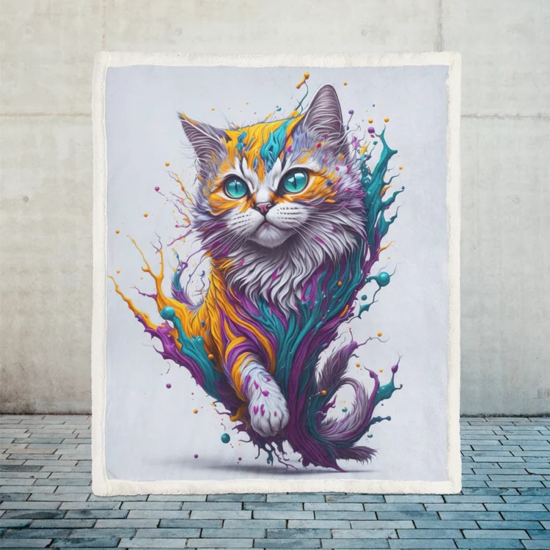 Colorful Painted Cat with Blue Eyes Sherpa Fleece Blanket