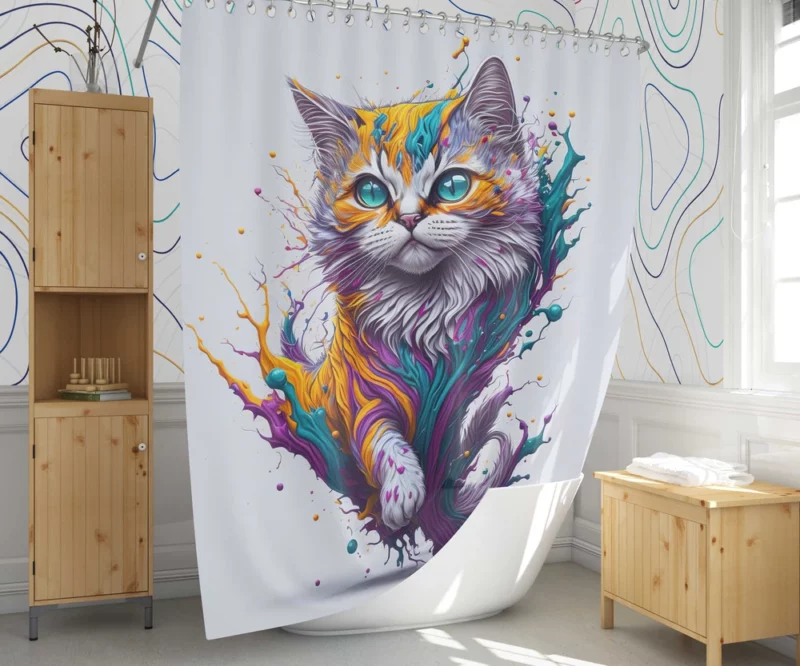 Colorful Painted Cat with Blue Eyes Shower Curtain 1