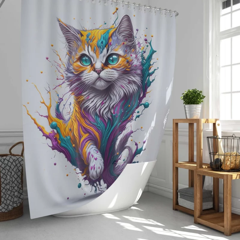 Colorful Painted Cat with Blue Eyes Shower Curtain