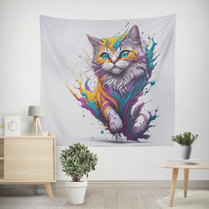 Colorful Painted Cat with Blue Eyes Wall Tapestry