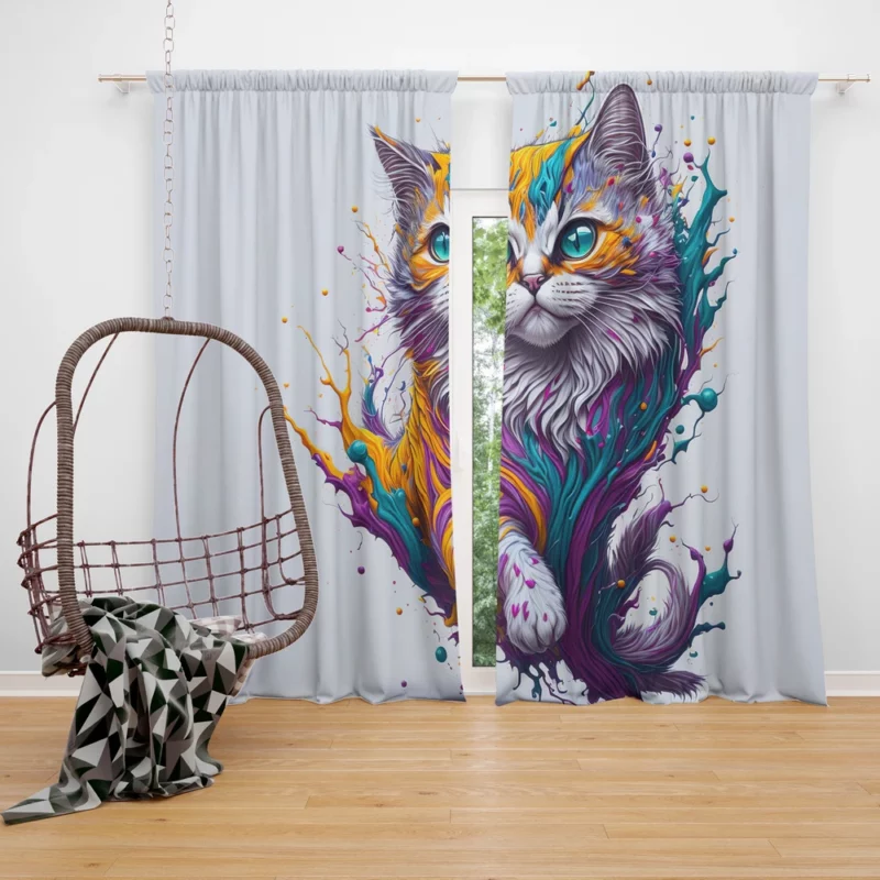 Colorful Painted Cat with Blue Eyes Window Curtain