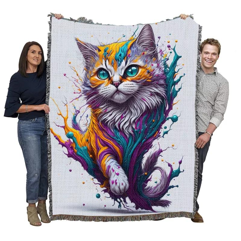 Colorful Painted Cat with Blue Eyes Woven Blanket