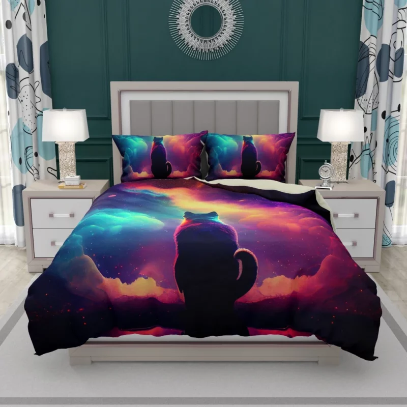 Colorful Painting Cat Stargazing Bedding Set 1