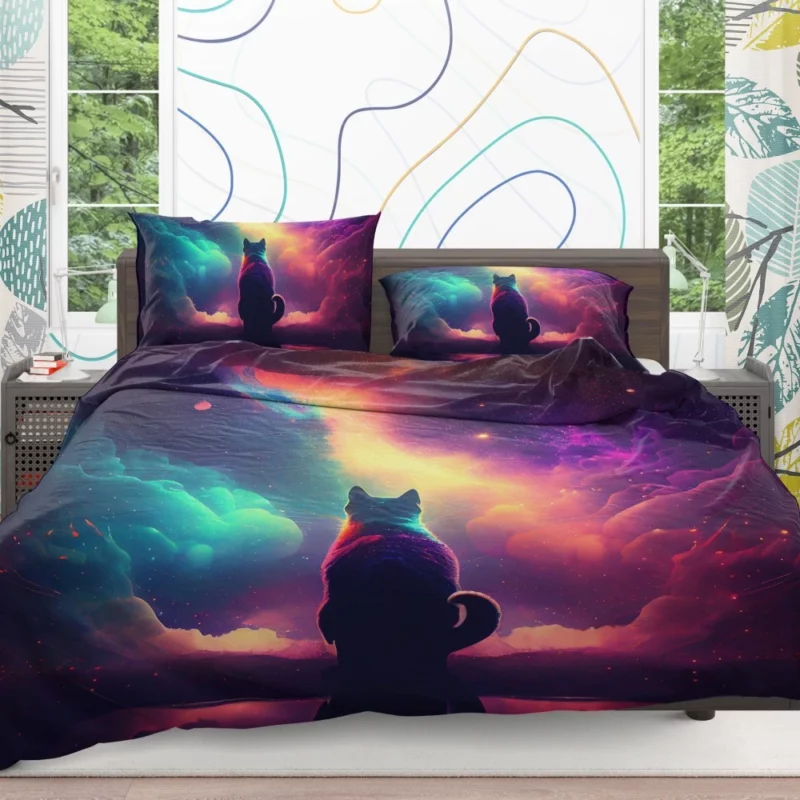 Colorful Painting Cat Stargazing Bedding Set