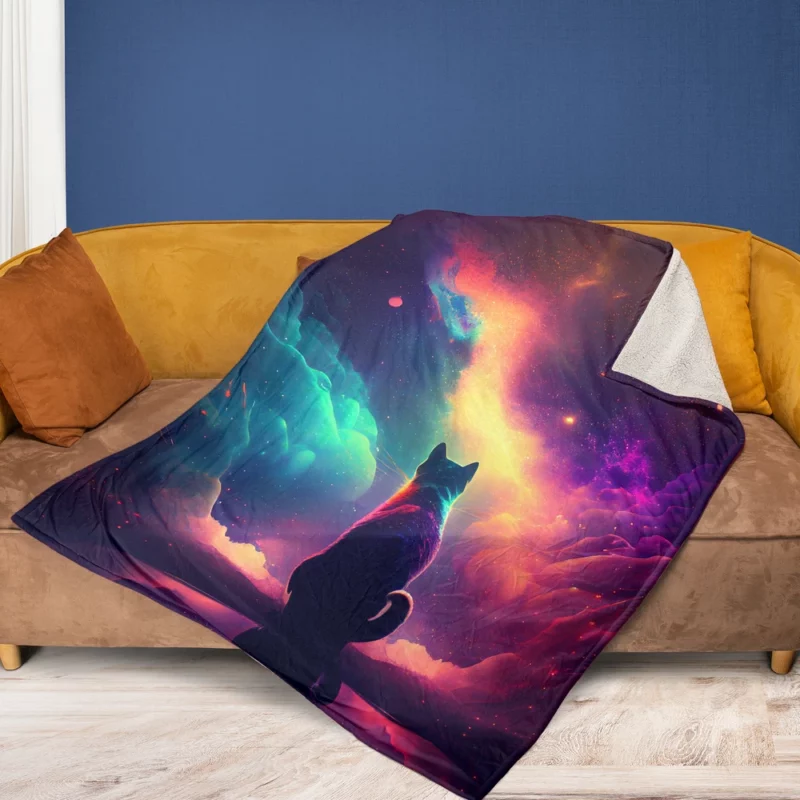 Colorful Painting Cat Stargazing Fleece Blanket 1