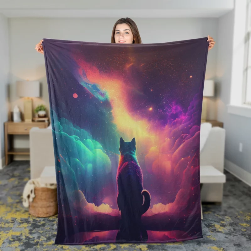 Colorful Painting Cat Stargazing Fleece Blanket 2