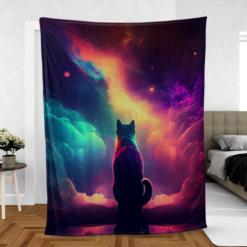 Colorful Painting Cat Stargazing Fleece Blanket