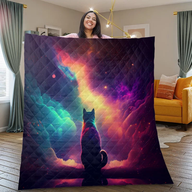 Colorful Painting Cat Stargazing Quilt Blanket