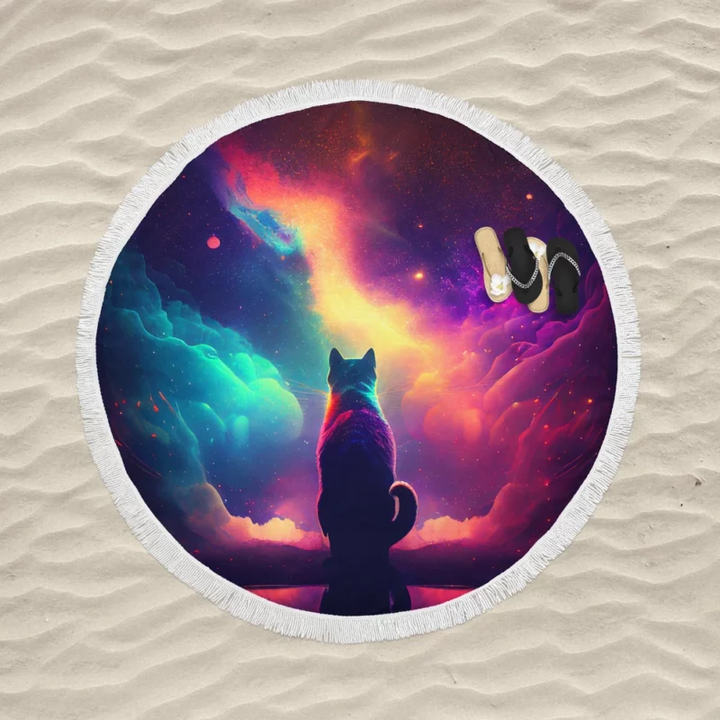 Colorful Painting Cat Stargazing Round Beach Towel