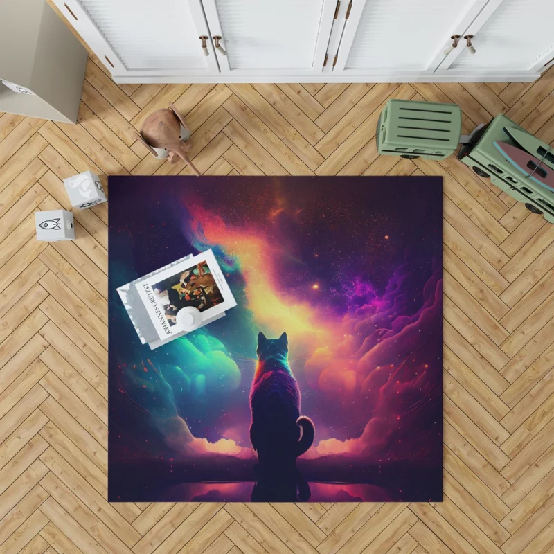 Colorful Painting Cat Stargazing Rug