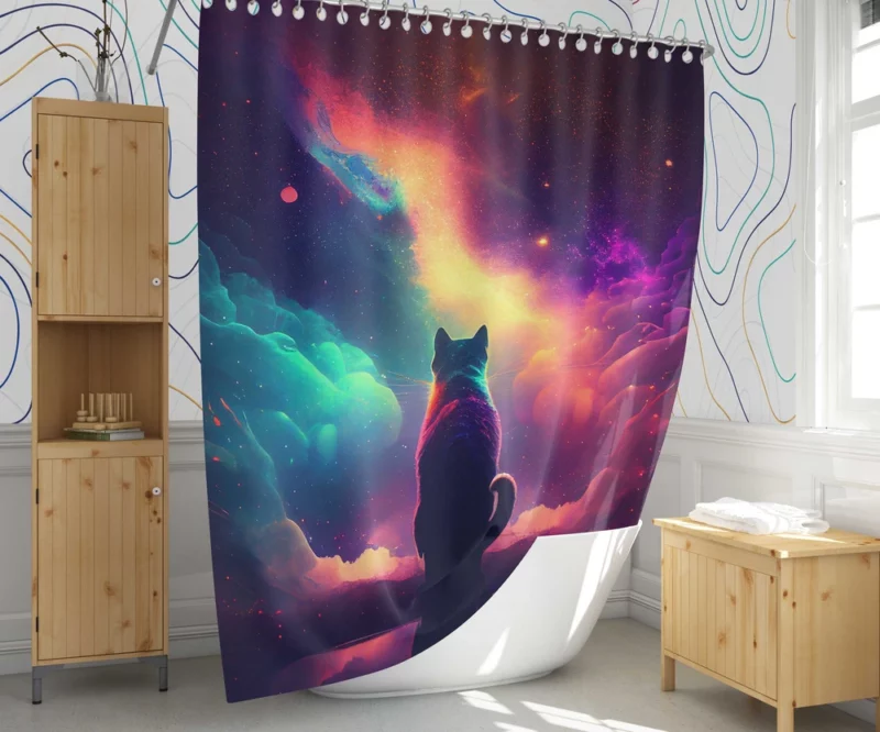 Colorful Painting Cat Stargazing Shower Curtain 1