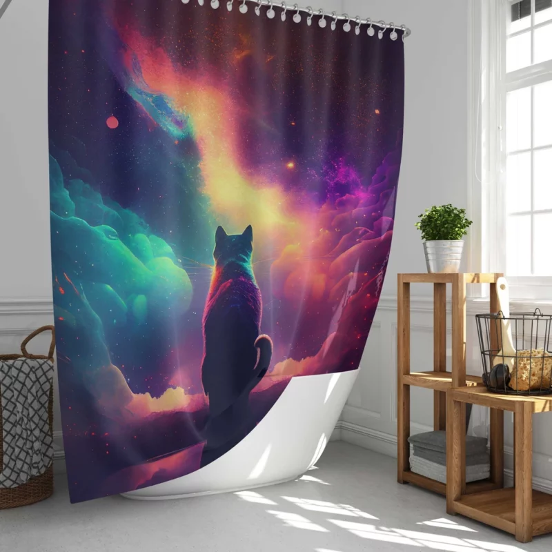 Colorful Painting Cat Stargazing Shower Curtain