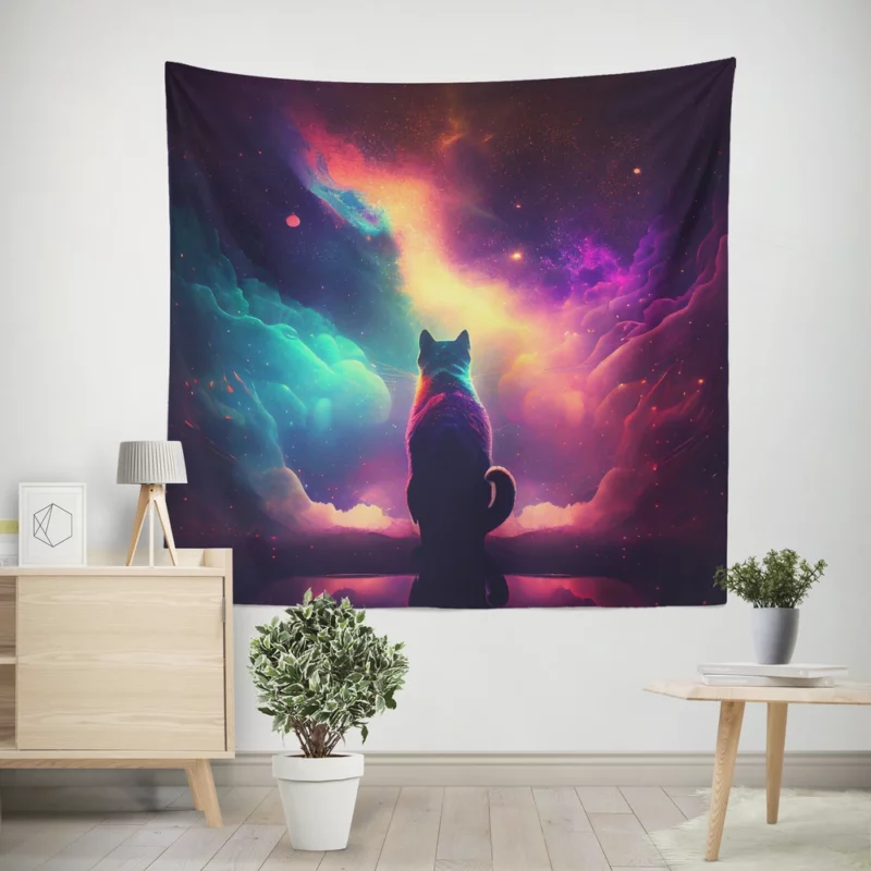 Colorful Painting Cat Stargazing Wall Tapestry