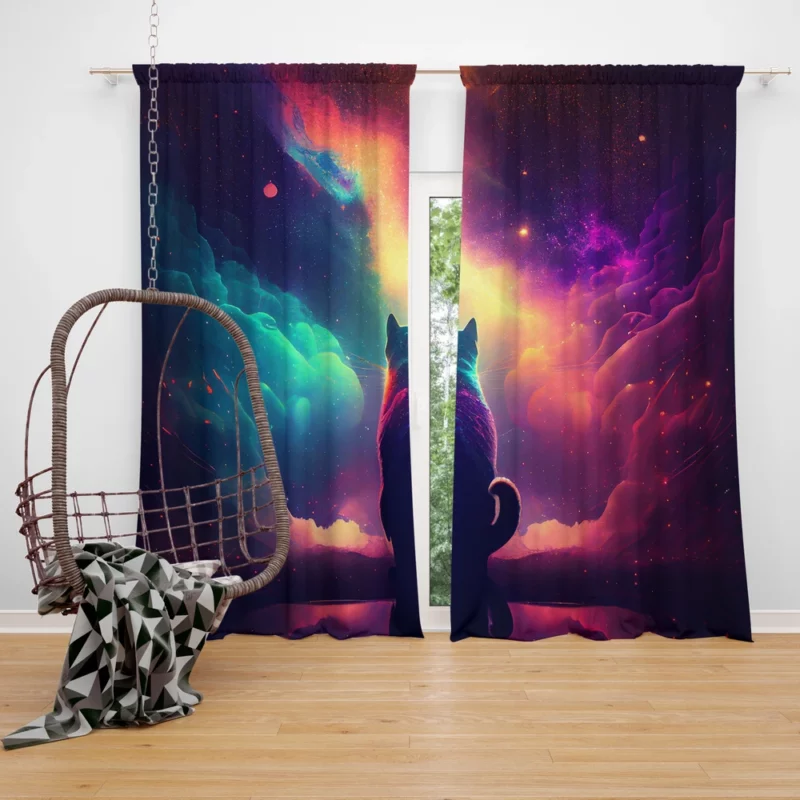 Colorful Painting Cat Stargazing Window Curtain