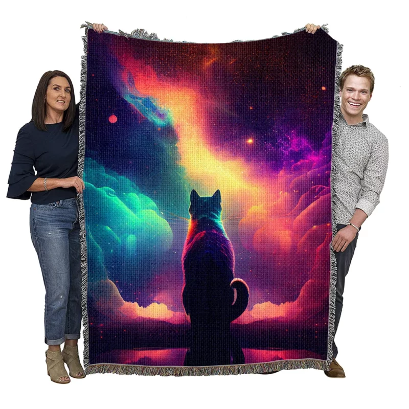 Colorful Painting Cat Stargazing Woven Blanket