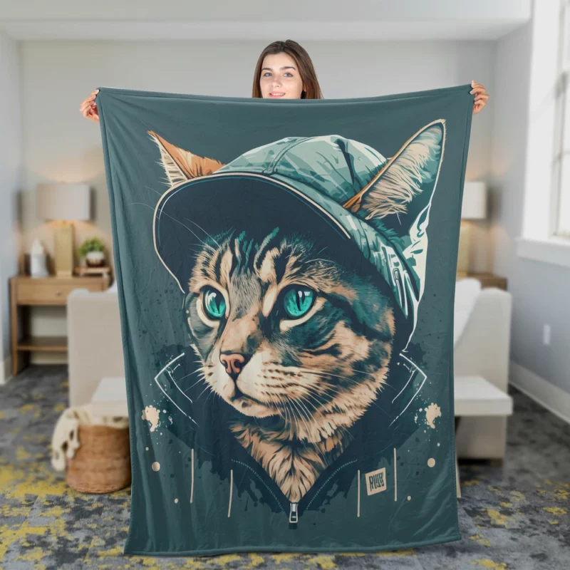 Colorful Pop Art Cat Illustration Fleece Blanket 2