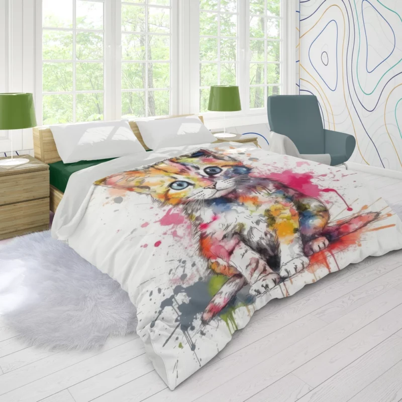 Colorful Watercolor Cat Painting Duvet Cover