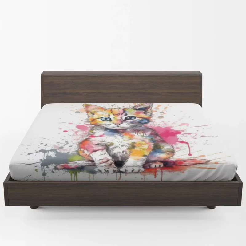 Colorful Watercolor Cat Painting Fitted Sheet 1