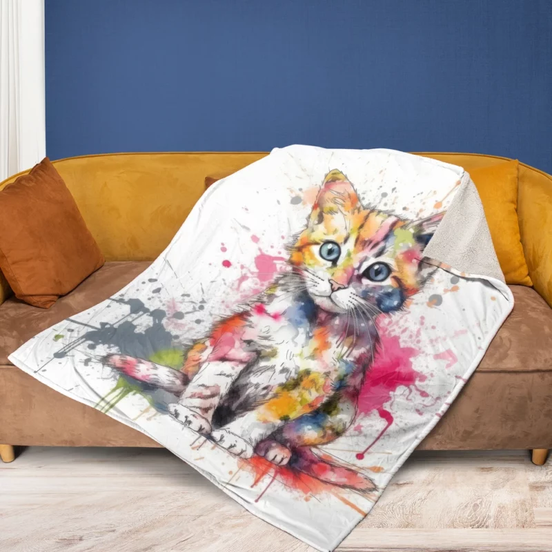 Colorful Watercolor Cat Painting Fleece Blanket 1