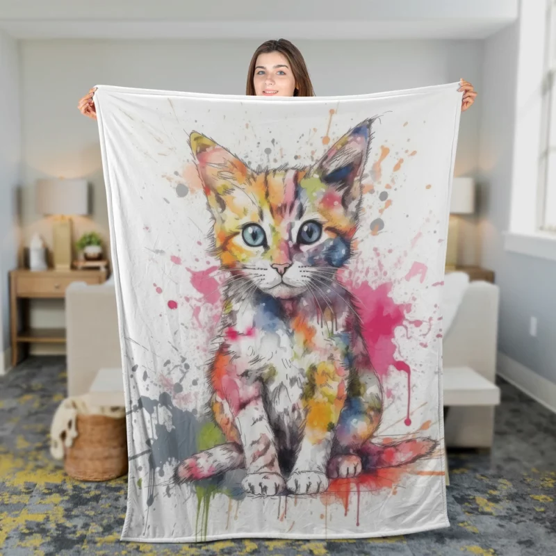 Colorful Watercolor Cat Painting Fleece Blanket 2