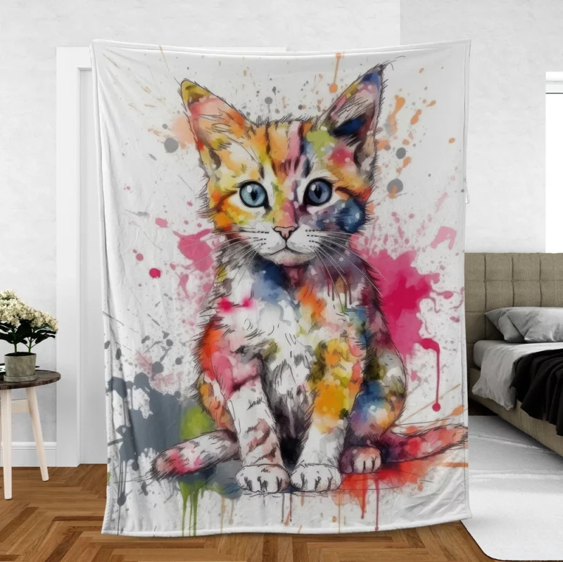 Colorful Watercolor Cat Painting Fleece Blanket