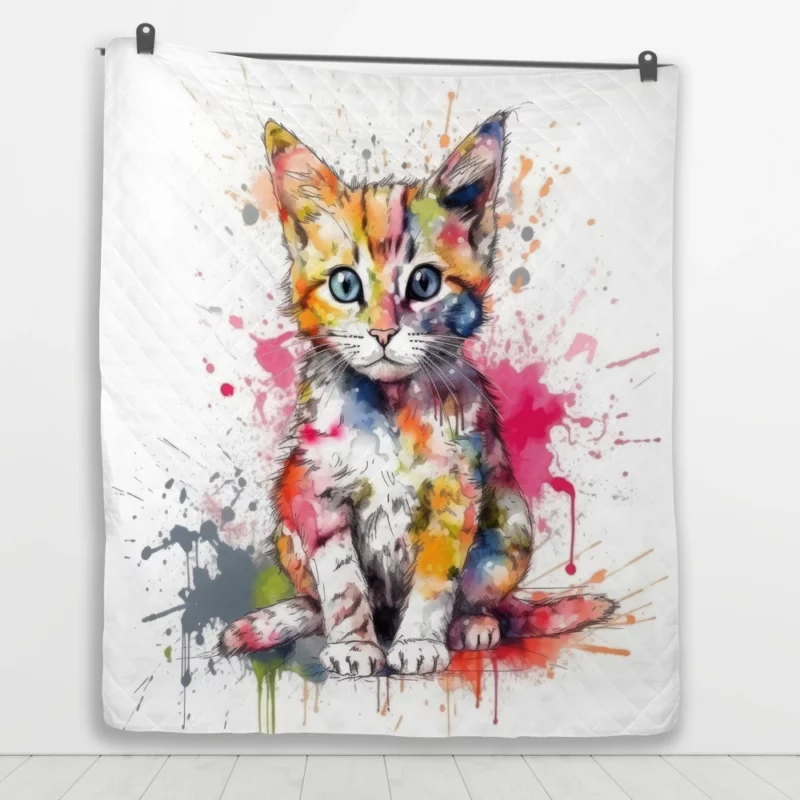 Colorful Watercolor Cat Painting Quilt Blanket 1