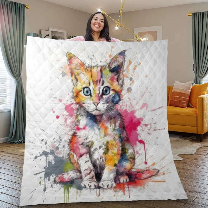 Colorful Watercolor Cat Painting Quilt Blanket