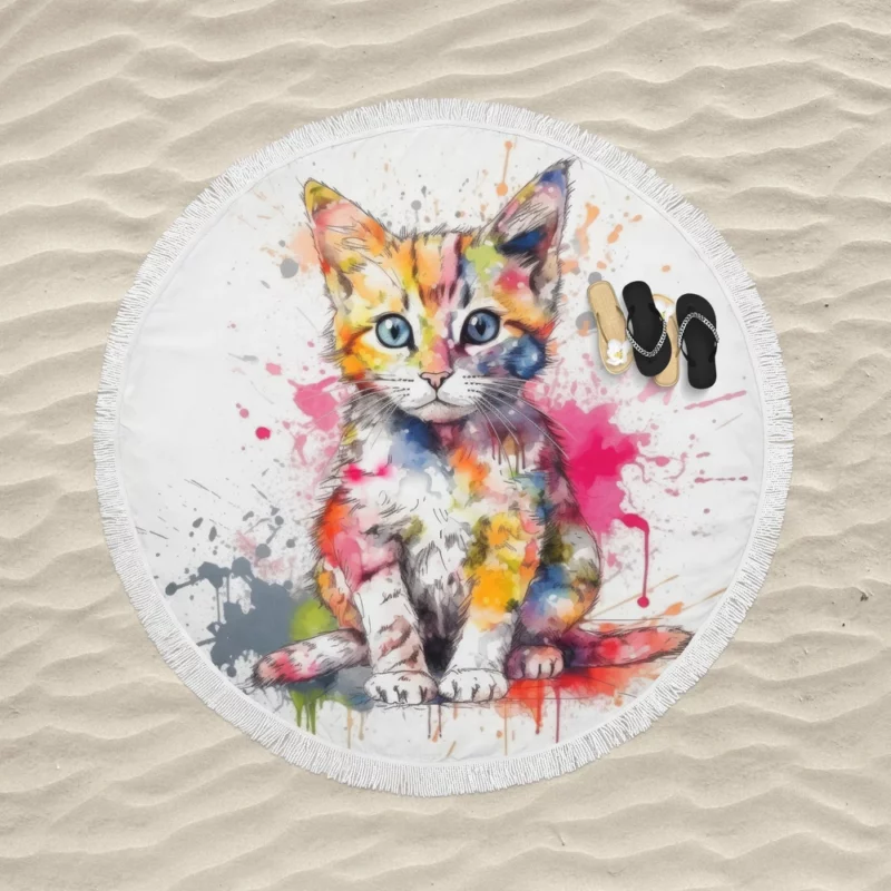 Colorful Watercolor Cat Painting Round Beach Towel