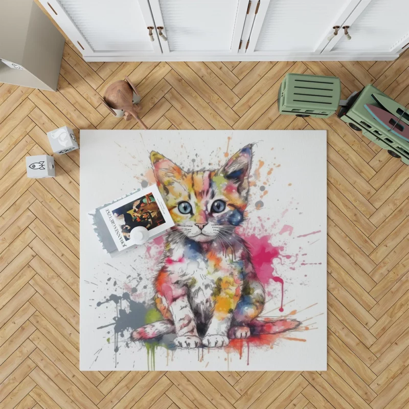 Colorful Watercolor Cat Painting Rug