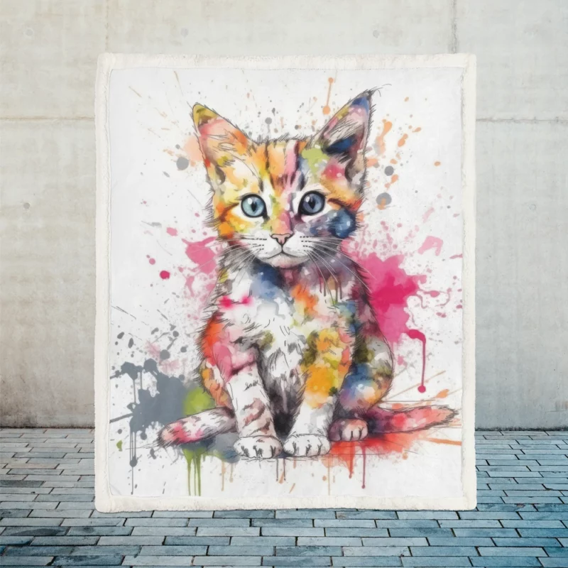 Colorful Watercolor Cat Painting Sherpa Fleece Blanket