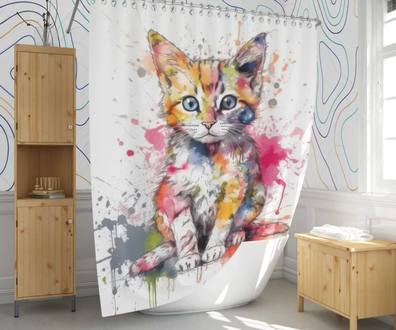 Colorful Watercolor Cat Painting Shower Curtain 1