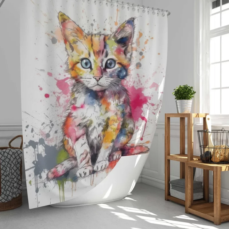 Colorful Watercolor Cat Painting Shower Curtain